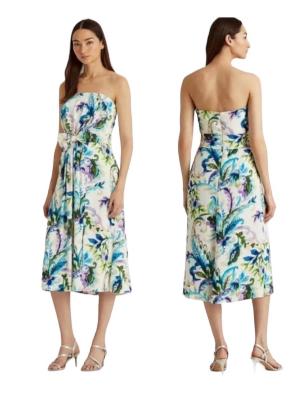 Ralph Lauren Strapless Floral Tie-Waist Midi Dress in White and Blue
